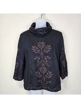 Millma Bolivia Handloomed Sweater Alpaca Wool Womens L Floral Turtleneck Black